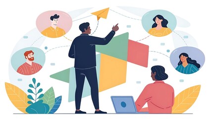 Man Directing Team Online Colorful Abstract Background