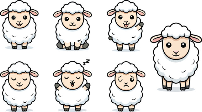 vector illustration of sheep ewe funny cute cartoon mascot character cartoon with 7 poses 