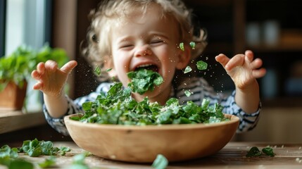 A joyful child is delightfully playing with a bowl of fresh greens, capturing a playful spirit that encourages healthy eating habits and family bonding over food.