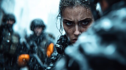 Fototapeta premium A striking portrait of a female soldier in the rain, capturing her fierce determination and resilience amidst a chaotic environment, symbolizing strength and courage in adversity.