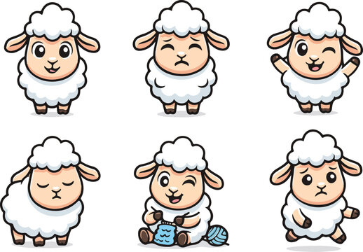 vector illustration of sheep ewe funny cute cartoon mascot character cartoon with 6 poses 02