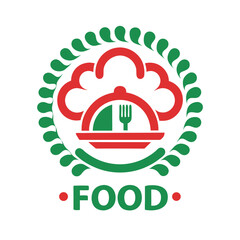 Red Green Food Logo Design Chefs Hat Dish Fork Isolated Emblem Circular Green Leaves Decoration