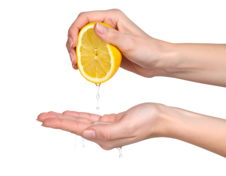 Hand squeezing lemon juice into palm. Transparent background
