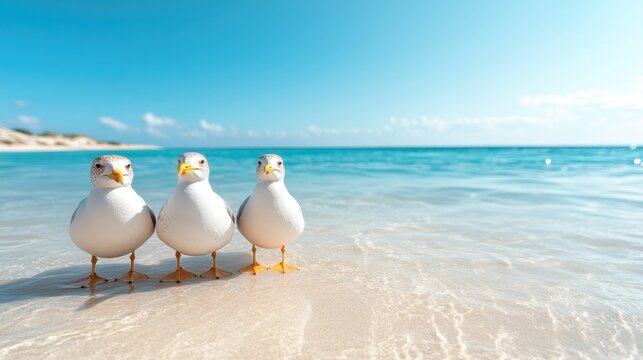 A serene scene of three seagulls gathered along the shoreline, basking in the sun amidst a clear blue sky and gentle ocean waves. A perfect representation of coastal tranquility.