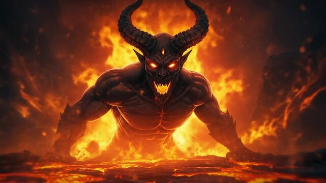 Powerful demon emerging from fiery flames over molten lava