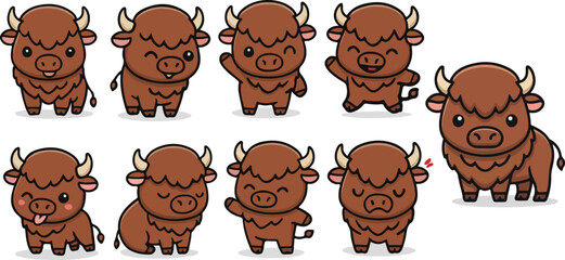 vector illustration of bison buffalo bull cow funny cute cartoon mascot character cartoon with 9 poses 01 © weng