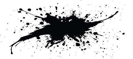 Black ink Splatter black paint ink brush strokes isolated white background. Vibrant ink splat on white background. Black splatter of paint on a white background.