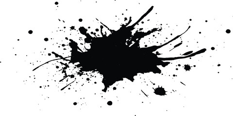 Obraz premium Black ink Splatter black paint ink brush strokes isolated white background. Vibrant ink splat on white background. Black splatter of paint on a white background.