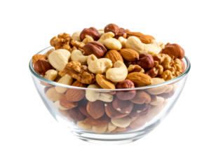 Assorted nuts in a clear glass bowl on a transparent background