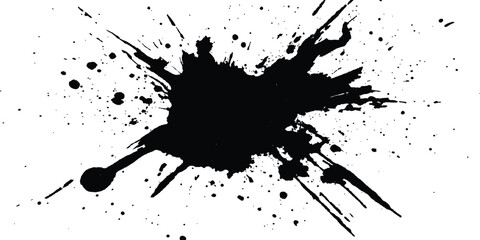 Black ink Splatter black paint ink brush strokes isolated white background. Vibrant ink splat on white background. Black splatter of paint on a white background.