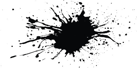 Black ink Splatter black paint ink brush strokes isolated white background. Vibrant ink splat on white background. Black splatter of paint on a white background.