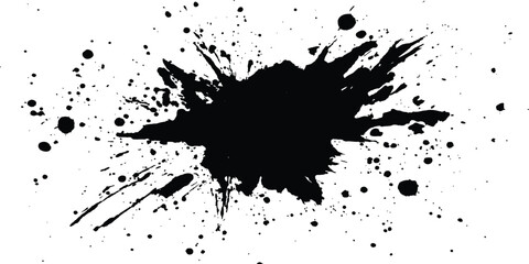 Black ink Splatter black paint ink brush strokes isolated white background. Vibrant ink splat on white background. Black splatter of paint on a white background.