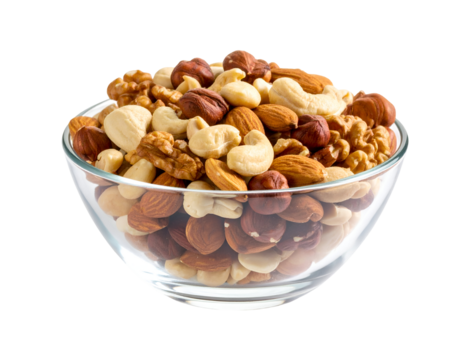 Assorted nuts in a clear glass bowl on a transparent background