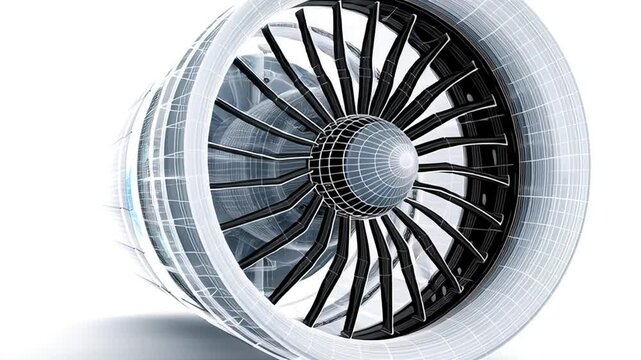 3D wireframe rendering of a jet engine turbine, showcasing mechanical engineering design and aerospace technology with a futuristic and high-tech visual style