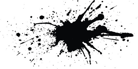 Black ink Splatter black paint ink brush strokes isolated white background. Vibrant ink splat on white background. Black splatter of paint on a white background.