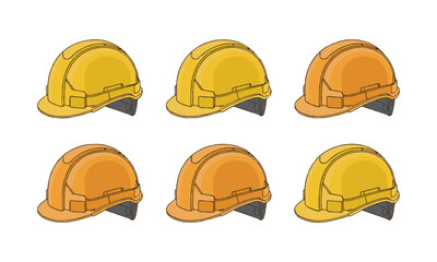 Modern vector illustration of a yellow construction safety helmet, front-left, side-left, side-right, and front-right—similar, easily editable and scalable.
