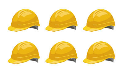 Modern vector illustration of a yellow construction safety helmet, front-left, side-left, side-right, and front-right—similar, easily editable and scalable.