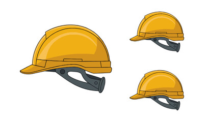 Modern vector illustration of a yellow construction safety helmet, front-left, side-left, side-right, and front-right—similar, easily editable and scalable.