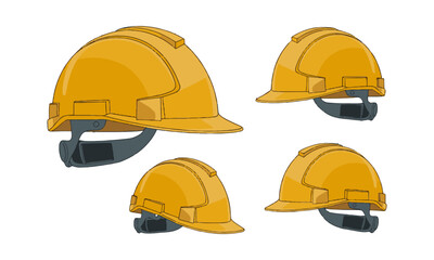 Modern vector illustration of a yellow construction safety helmet, front-left, side-left, side-right, and front-right—similar, easily editable and scalable.