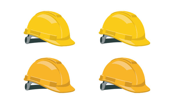 Modern vector illustration of a yellow construction safety helmet, front-left, side-left, side-right, and front-right&mdash;similar, easily editable and scalable.