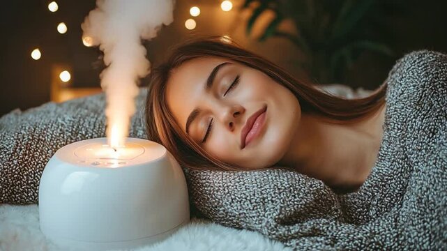 Relaxing woman enjoying aromatherapy with diffuser in cozy, softly lit bedroom setting