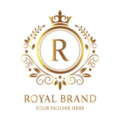 Company vector logo design R with gold star symbol for business celebration