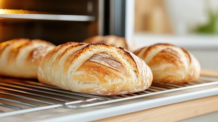 Golden loaves of freshly baked bread sit cooling on a wire rack, showcasing their crispy crust and soft interior, inviting a sense of warmth and comfort for all to enjoy.