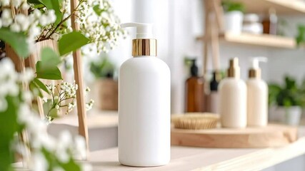 Elegant White Lotion Bottle on Wooden Shelf with Flowers