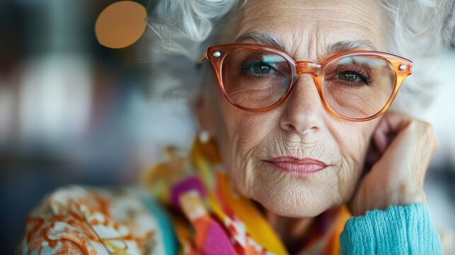 A sophisticated senior woman poses thoughtfully, wearing elegant glasses and vibrant clothing, representing the beauty and wisdom of aging with style and grace.
