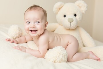 A white newborn baby smiles while lying on a bed next to a big soft teddy bear. The scene is calm with pastel beige tones and gentle light