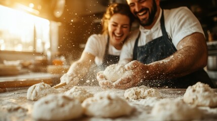 A joyful couple in a sunlit kitchen, laughing and playfully tossing dough amidst a flurry of flour, capturing the essence of love, teamwork, and culinary delight.
