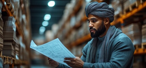 Focused Warehouse Manager Reviewing Plans