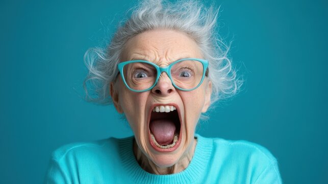 An expressive elderly woman with frizzy gray hair and round glasses, passionately screaming against a vivid turquoise background, capturing raw human emotion.