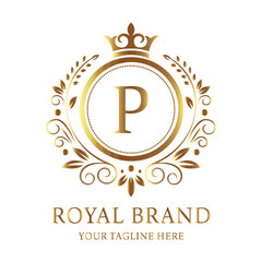 Company vector logo design P with gold star symbol for business celebration