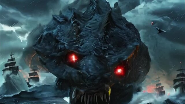 Scary sea monster in dark depths of deep blue ocean, abstract vivid composition consists of fictional unreal fantastic vision on background