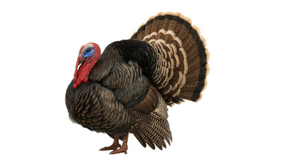 Male Turkey with Fully Fanned Tail Feathers Standing Against a Clean White Background in Sharp Realistic Detail