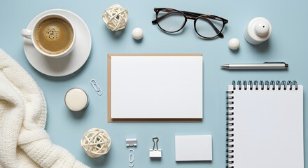 Flatlay mockup blank stationery and cozy winter elements