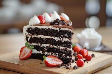Sliced Chocolate Cake Decorate with Whipping Cream,Sliced Chocolate and Fresh Strawberrie