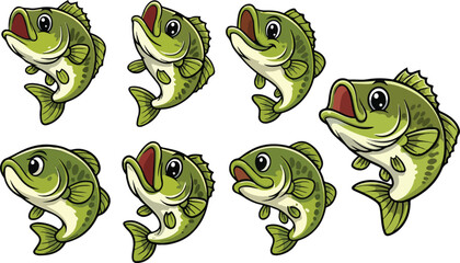Obraz premium vector illustration of big bass lake fish funny cute cartoon mascot character cartoon with 7 poses 03