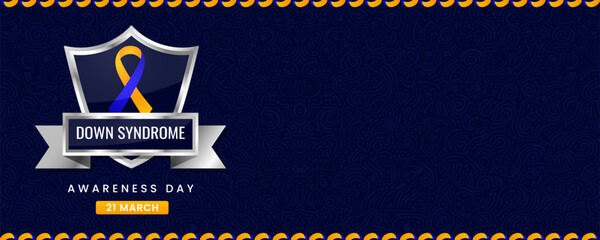 Vibrant Down Syndrome Awareness Day Banner with Blue and Yellow Ribbon on Shield, Featuring Swirl Pattern Background for March 21 Health Campaigns.