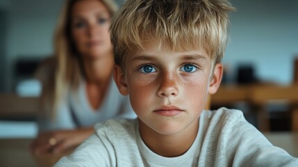 This close-up portrait captures a thoughtful child deep in contemplation, emphasizing emotional depth against a soft and calming background that engages the viewer.
