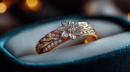 A stunning flower-designed ring encrusted with diamonds in an elegant box captures the essence of luxury and romantic gestures, perfect for special occasions and commitments.