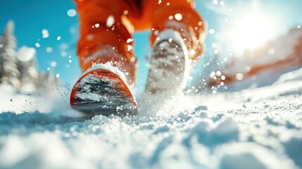 A dynamic close-up view of feet in orange snow pants stepping through fresh snow, capturing the excitement and joy of winter activities in a vibrant outdoor setting.