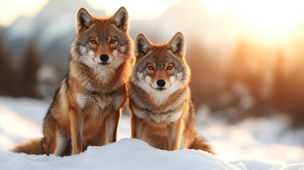 Fototapeta premium Two stunning coyotes stand together in a beautiful snowy landscape, showcasing their striking features and the serene nature surrounding them at sunset.