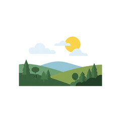 Fototapeta premium Minimalist Flat Landscape with Sun and Trees