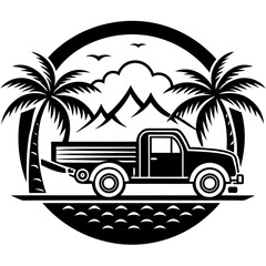 Truck on a tropical beach with palm trees and mountains