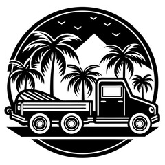 Truck with surfboard on a tropical beach with palm trees