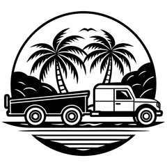 Truck pulling a trailer on a tropical beach with palm trees