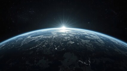 Sunrise over Earth from space, showing continents and oceans, a breathtaking view of our planet from orbit