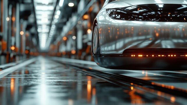 A sleek, futuristic silver car hovers effortlessly on an automated assembly line, showcasing advanced technology and innovative design in a modern manufacturing environment. - Powered by Adobe